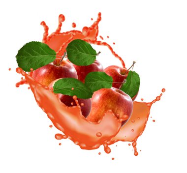 Meyve suyuyla çevrili bir grup elmanın görüntüsü