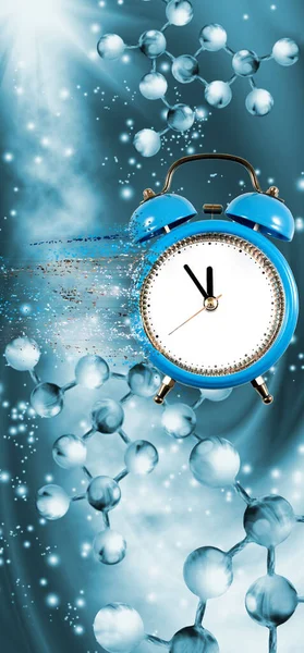 Image Clock Which Particles Separated Background Flying Dna Chains — Stock Photo, Image