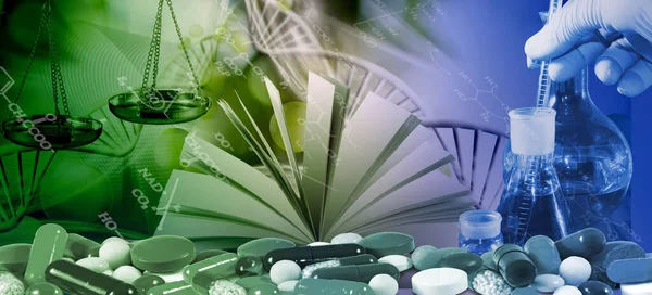 Imagem Medicamentos Empilhados Desordem Comprimidos Cápsulas Contra Cadeias Dna Abstratas — Fotografia de Stock