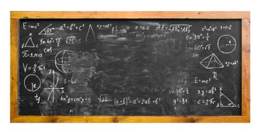 Matematiksel formüllerin ve ifadelerin yazıldığı bir okul yönetim kurulunun resmi, tahtanın orta kısmında formüller yok. Çünkü yok edildiler.