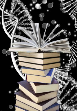 Biçimlendirilmiş DNA zincirlerinin arka planına karşı bir yığın kitap ve açık bir kitap.
