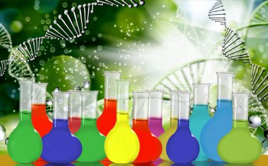 Soyut biçimlendirilmiş DNA zincirlerinin arka planına farklı renklerde boyanmış çeşitli içeriklerle dolu bir sıra mataranın resmi