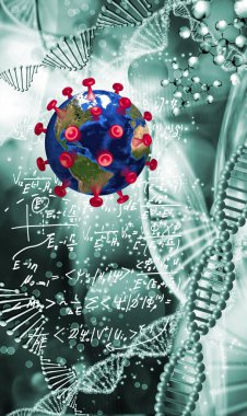 Kırmızı dokunaçlı bir kürenin görüntüsü, onu stilize DNA zincirleri ve matematiksel formüllerin arka planına karşı koronavirüs virüsünün stilize edilmiş bir görüntüsü gibi gösteriyor.