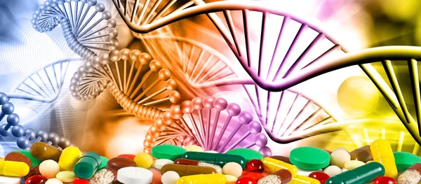 疾患に積まれた薬のイメージ 背景に抽象的なDna鎖に対する錠剤 カプセル — ストック写真