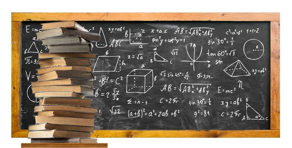 Image High Stack Books Background Blackboard Covered Various Mathematical Expressions — Stock Photo, Image