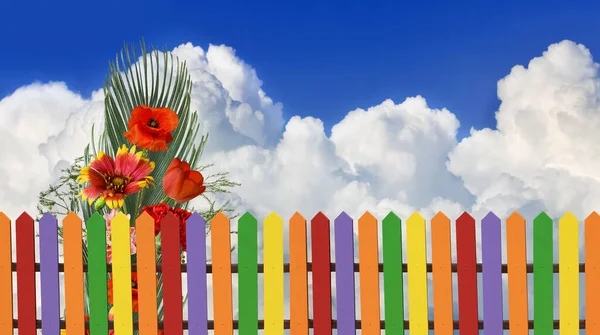 Image of a rustic fence and beautiful flowers behind the fence against the backdrop of a huge white cloud and blue sky