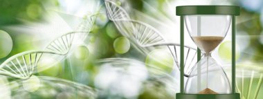 Soyut stilize DNA zincirinin arka planında bir kum saatinin görüntüsü