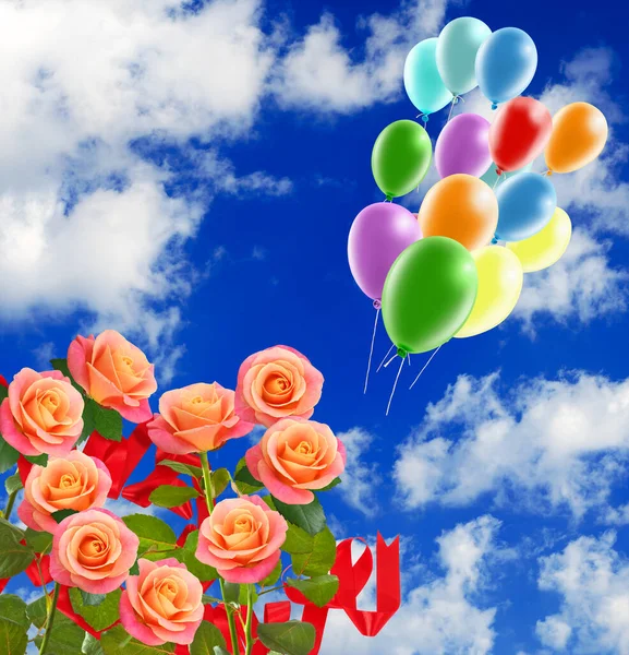 Image Festive Flowers Bright Multi Colored Inflatable Balls Background Sky — Stock Photo, Image