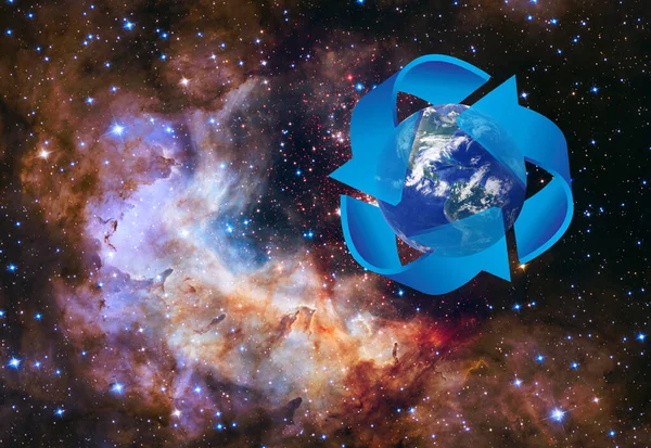 Image of the planet Earth and arrows around it indicating a closed cycle against the background of a cosmic landscape with stars and nebulae