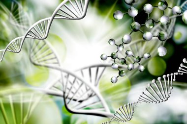 Bulanık yeşil bir arkaplanda DNA zincirlerinin biçimlendirilmiş modellerinin soyut görüntüsü