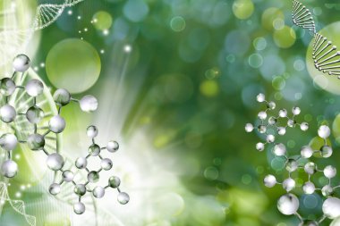 Bulanık yeşil bir arkaplanda DNA zincirlerinin biçimlendirilmiş modellerinin soyut görüntüsü