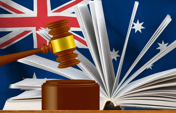 Martillo Judicial Fondo Libro Abierto Bandera Australia Imagen — Foto de Stock