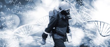 Hava balonlu yalıtım aparatının içindeki bir kişinin matematiksel ve kimyasal formüllerle biçimlendirilmiş DNA modellerinin arka planına karşı olduğu bir kolaj görüntüsü.