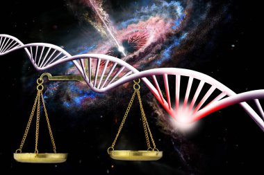 Bir fincan pulunun görüntüsü ve yıldızlı gökyüzünün arka planında biçimlendirilmiş DNA. Bu görüntünün elementleri NASA tarafından döşenmiştir. 3d resim