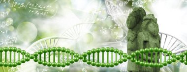 Bir DNA zincirinin soyut görüntüsü ve bulanık arkaplandaki bulanık yeşil arkaplan üzerindeki eski kült heykeller stilize DNA zincirleri ve kaotik olarak düzenlenmiş matematiksel formüller