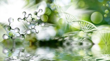 Uzayda çeşitli biçimlendirilmiş DNA zincirlerinden oluşan soyut görüntü, toplar ve bunların su yüzeyindeki yansıması.