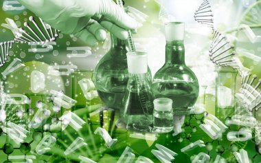 Üzerinde sıvı bulunan mataralar ve test tüpü tutan eldivenli bir el ve stilize DNA zincirlerinin arka planında Latin alfabesinin rastgele uçan harfleri olan kolaj.