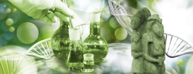 Üzerinde sıvı bulunan mataralar ve test tüpü tutan eldivenli bir el ve stilize DNA zincirlerinin arka planına karşı antik kült heykellerin figürleri olan bir kolaj.