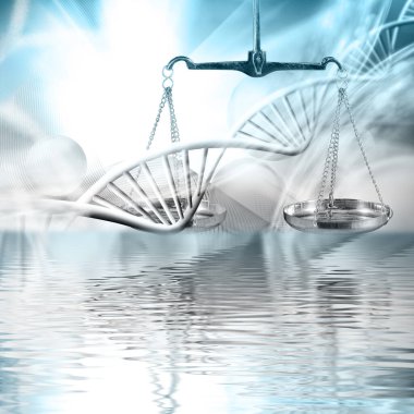 Bulanık mavi bir alanın şekillendirilmiş DNA zincirlerinin arkaplanındaki pulların soyut görüntüsü ve su yüzeyinde uçan soyut toplar ve yansıması.