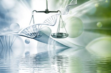 Bulanık yeşil bir alanın şekillendirilmiş DNA zincirlerinin arkaplanındaki pulların soyut görüntüsü ve su yüzeyinde uçan soyut toplarla yansıması.