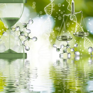 Bir kum saatinin soyut görüntüsü ve arkaplandaki şekillendirilmiş DNA zincirleri soyut topları ve su yüzeyinde yansıması olan bulanık yeşil bir alanın..