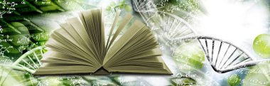 DNA sarmallarının stilize figürlerini ve el yazısıyla yazılmış matematiksel ifadeleri tasvir eden soyut bir arkaplan üzerinde açık kitap görüntüsü