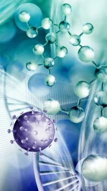 Biçimlendirilmiş DNA sarmallarının arka planına karşı covid virüsünün üç boyutlu görüntüsü
