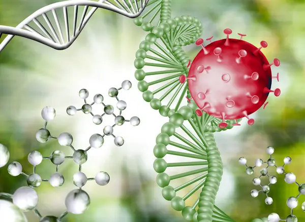 Biçimlendirilmiş DNA sarmallarının arka planına karşı covid virüsünün üç boyutlu görüntüsü