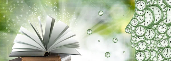   Bilginin kaynağını sembolize eden açık bir kitap. Farklı zamanları gösteren kadranlardan oluşan bir yüzün ana hatları. Hızlı akan zaman, süreçler ve kitaplardan bilgi edinme kavramı