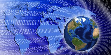 Dünya gezegeninin soyut kolajı ve bir huni şeklinde bükülmüş ikili kod numaraları.