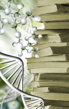 Yeşil bulanık arkaplanda bir yığın kitap ve biçimlendirilmiş DNA modelinin resmi