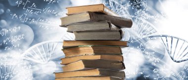 Biçimlendirilmiş DNA modelleri ve matematiksel formüllerin arka planına karşı bir yığın kitabın görüntüsü