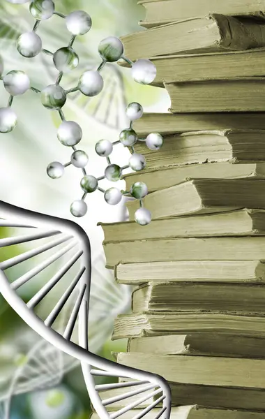 Yeşil bulanık arkaplanda bir yığın kitap ve biçimlendirilmiş DNA modelinin resmi