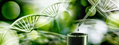 Yeşil küreler ve DNA iplikçiklerinin bulanık arkaplanına sahip, damlacıktan test tüpüne düşen tek bir damlanın dijital bir çizimi..