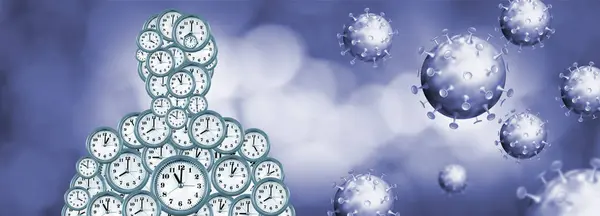 stock image An abstract image depicts a human silhouette made up of numerous clock faces, symbolizing the passage of time. Surrounding the figure are virus-like particles set against a blue, blurred background.
