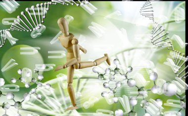 Bir ahşap figür, insan hayatının karmaşık ve dinamik doğasını temsil eden dönen sayılar ve DNA iplikçikleriyle dolu bir dünyada koşar..