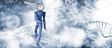 Kafası saat gibi çalışan ahşap bir figür bilimsel formüllerin ve DNA iplikçiklerinin içinde dolaşır..