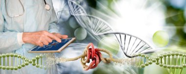 Bir doktor, karmaşık DNA iplikçikleriyle temsil edilen karmaşık bir genetik problemin çözümlerini bulmak için dijital tableti inceliyor..