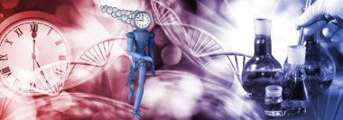 Laboratuvarda baş için saati olan bir Manken resmi