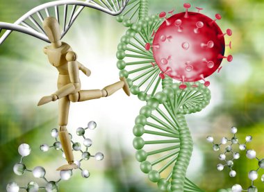 Ahşap bir figür, arka planda kırmızı virüs olan yeşil bir DNA sarmalına doğru koşar..