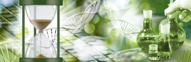 Bilimsel araştırmalarda zamanın geçişini simgeleyen sembolik bir resim, kum saati, DNA sarmalları ve laboratuvar ekipmanları ile.