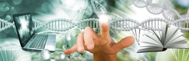 Bilgisayarlı ve arka planda açık bir kitapla dijital DNA ağına uzanan bir eli gösteren soyut bir resim..