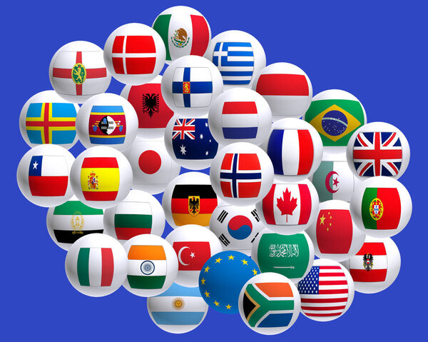 A vibrant sphere of white globes displaying the flags of various nations, symbolizing global interconnectedness and cooperation.