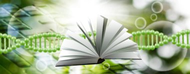 Açık bir kitap, parlak yeşil DNA iplikçikleri ve yumuşak kabarcıklar arasında yüzer, bilgi ve doğanın harikaları arasındaki bağlantıyı sembolize eder, ilham verici bir atmosfer yaratır..