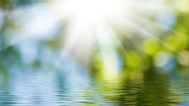 Parlak güneş ışınları yemyeşil yaprakları delip geçer, sakin bir su yüzeyinde parıldayan yansımalar oluşturur. Bu huzurlu manzara doğada bir huzur ve uyum hissi uyandırıyor..