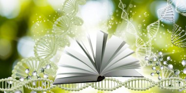 Açık bir kitabın dinamik füzyonu ve DNA iplikleri canlı yeşil bir ortamda bilimin ve bilginin özünü gösteriyor.