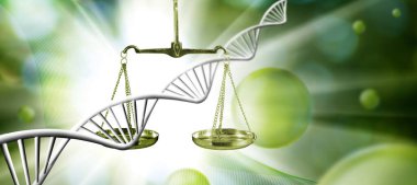 Adalet terazisi ve dönen DNA sarmalı arasında hassas bir denge tasvir edilir, canlı yeşil renkler tarafından aydınlatılan etik, hukuk ve genetik araştırmaların kesişimini sembolize eder..
