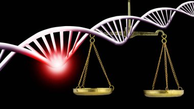 Adaletin altın pullarıyla harmanlanmış DNA ipliğinin canlı bir tasviri, genetik bilimi ve etik hususlar arasındaki uyumu sembolize ediyor. Parlayan element entrika ve derinlik ekler.