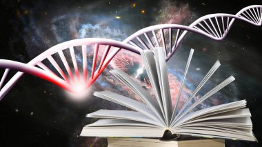 Açık bir kitap bilimin harikalarını ortaya çıkarırken kozmik bir yolculuk başlıyor. Yukarıda, canlı bir DNA sarmalı yıldızlı bir alanda kıvrılarak bilgi ve keşif diyarlarını sarar..