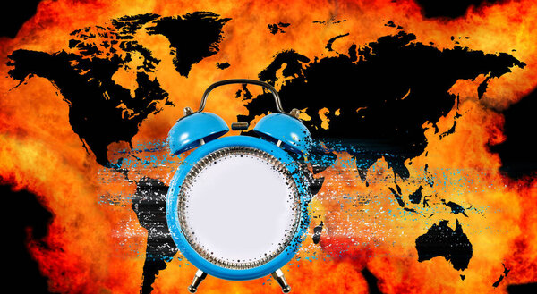 A blue alarm clock stands prominently against a backdrop of flames and a world map, highlighting the urgent issues of time and global challenges. The setting evokes a sense of alarm and awareness.